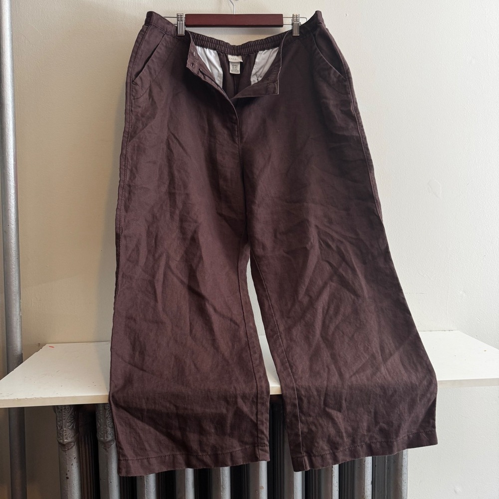 LL Bean Womens 20 Petite Chocolate Brown 100% Linen Wide Leg Pants Cottagecore